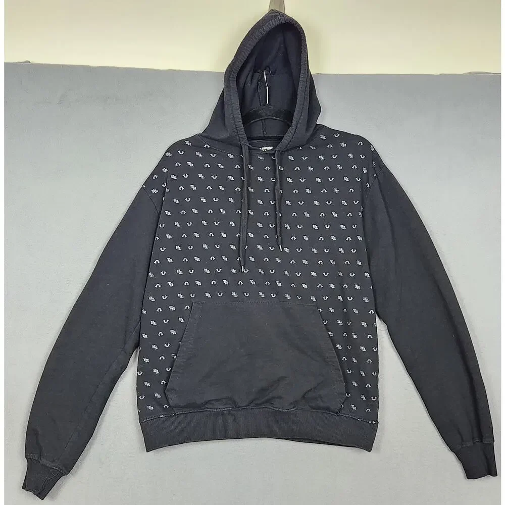TRUE RELIGION Hoodie Mens Large Black Kangaroo Pocket AOP Activewear